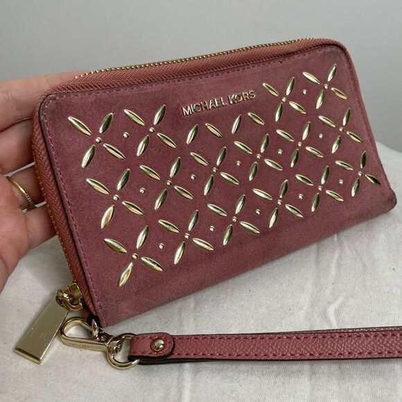 Michael Kors Large Zip Around Suede Wallet Rose Pink Gold Detail Clutch Case - Picture 2 of 10